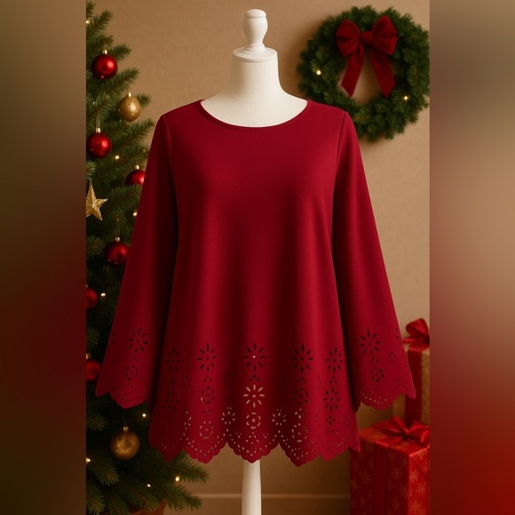 unknown Tops - Red Laser Cut Scallop Hem Bell Sleeve Top 3XL Holiday Party Casual Festive Chic